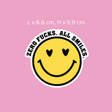 Load image into Gallery viewer, Zero Fucks. Keep Smiling. Smiley Face Sticker Yellow

