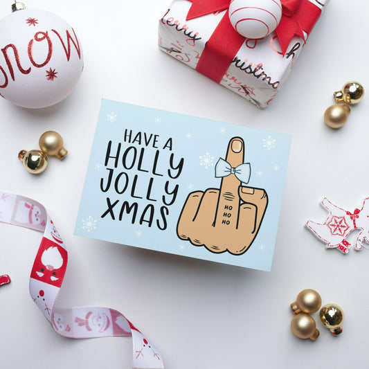 Holly Jolly Mens Middle Finger and Bow Christmas Card