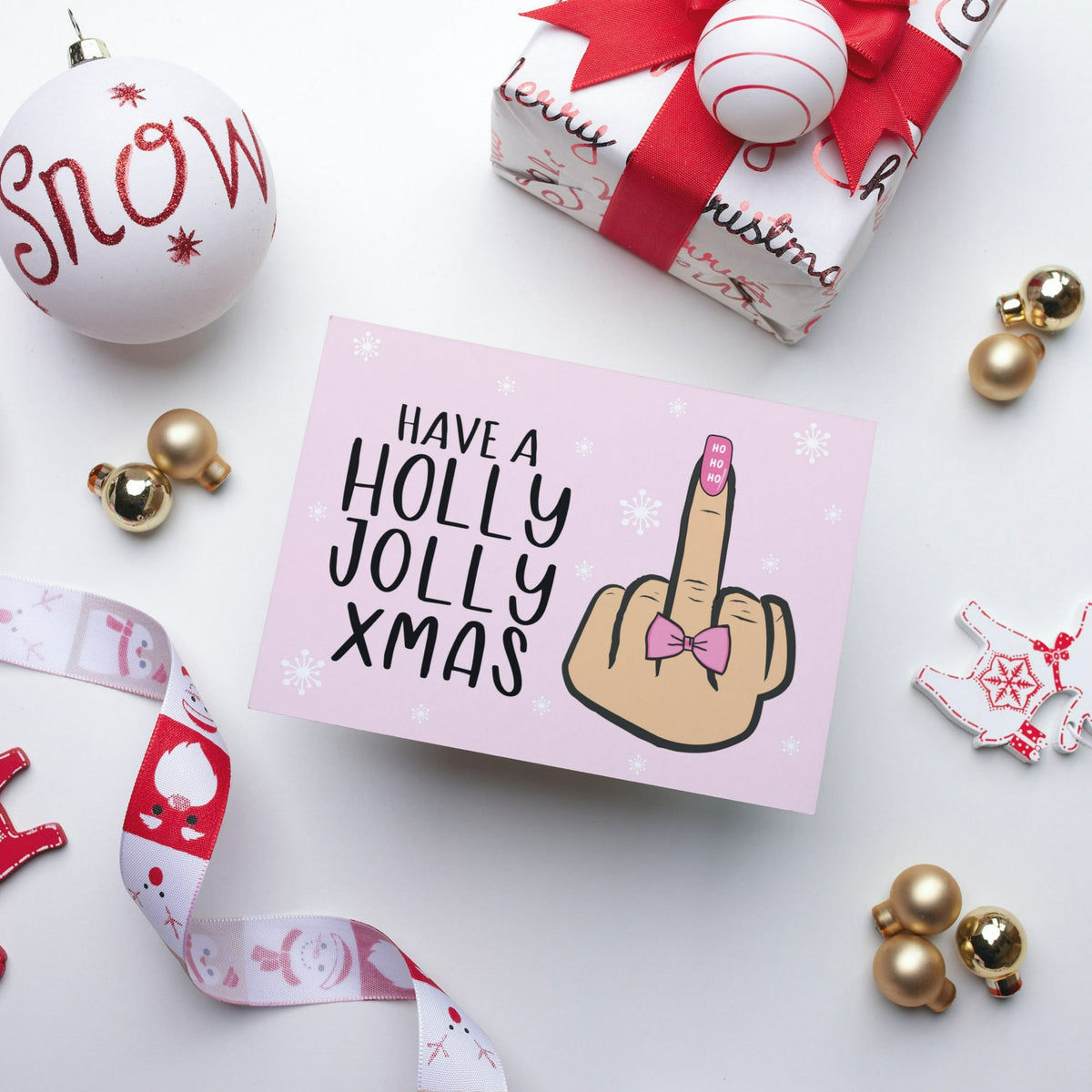 Holly Jolly Ladies Middle Finger and Bow Christmas Card