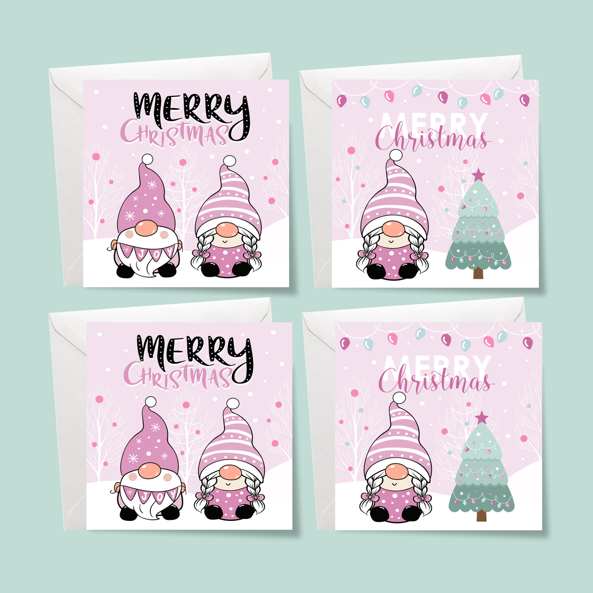 Pack of 4 Delightfully Pink Gnomes Christmas Cards