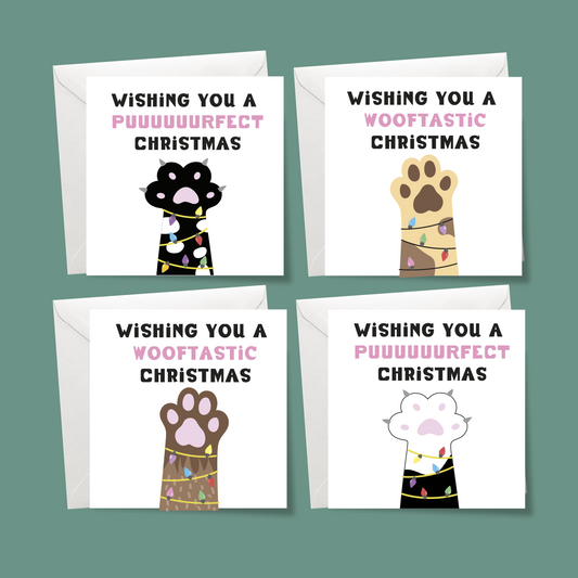 Pack of 4 Mixed Puuuuurfect and Wooftastic Christmas Cards