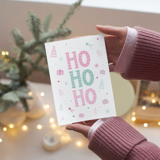 Ho, Ho, Ho Cute Pinks and Green Christmas Card