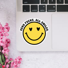 Load image into Gallery viewer, Zero Fucks. Keep Smiling. Smiley Face Sticker Yellow
