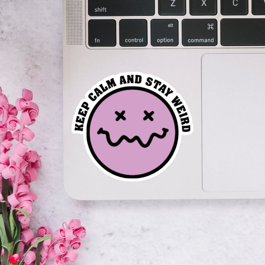 Keep Calm and Stay Weird Smiley Face Sticker Lilac
