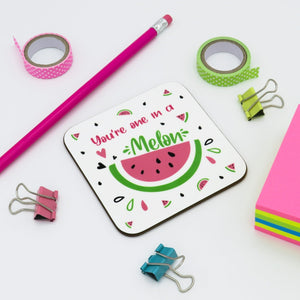 Pink and Green You're on in a melon pun, colourful coaster. With high gloss finish this and the perfect size for your desk or home. 